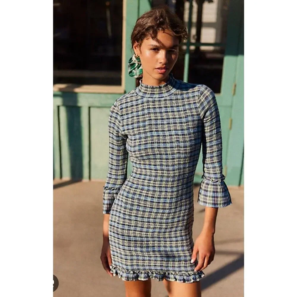 Free People Light sage combo Autumn Chill Plaid Mini Dress size medium $168 NEW